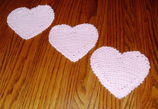 Three Pink Cotton Crocheted Heart Doilies/Appliques
