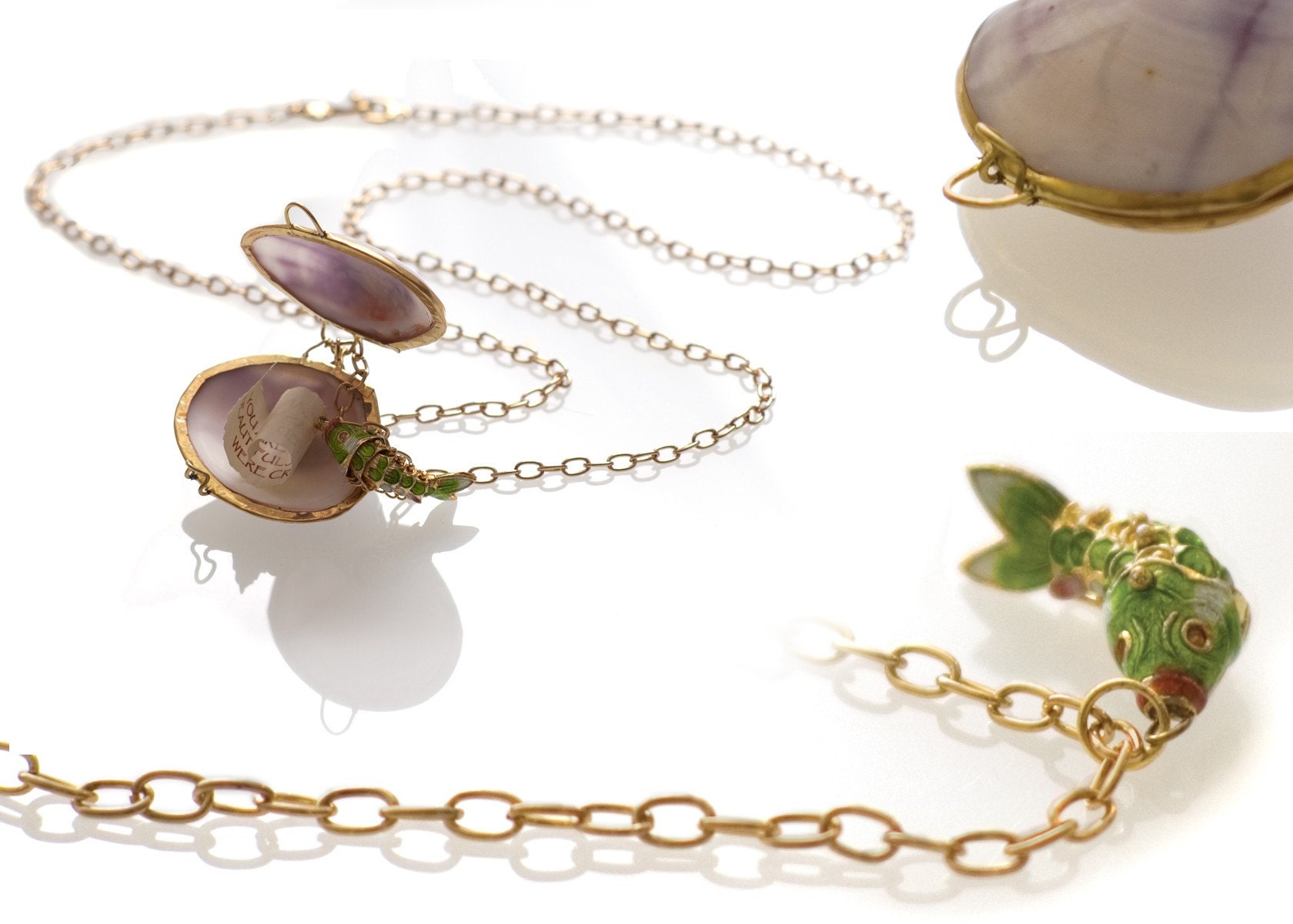 Alabaster Shell Locket and Koi Fish Charm Necklace
