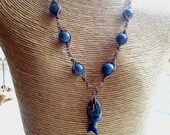 Lapis Lazuli Fish and  Wire Wrapped Copper  Necklace