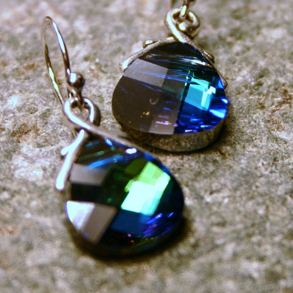 Bird of Paradise ... Teal Blue Green Sphinx ... Swarovski Crystal Briolette on Sterling Silver ... Earrings