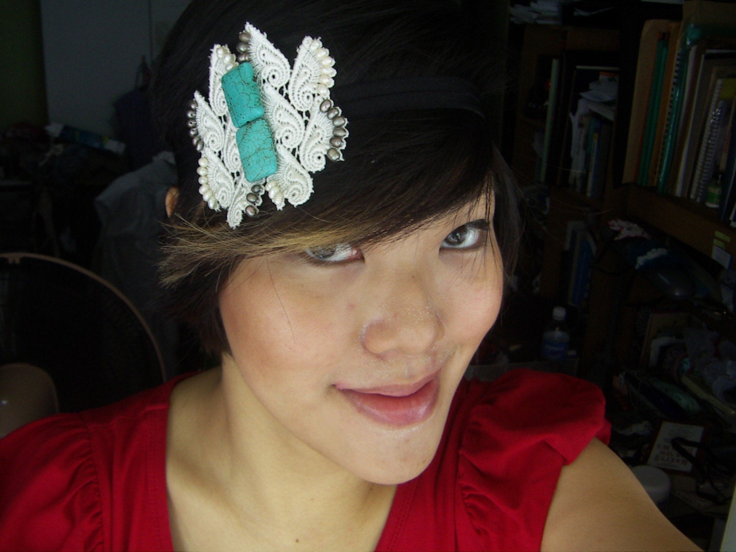 The Isis, turquoise and pearls on silk lace
