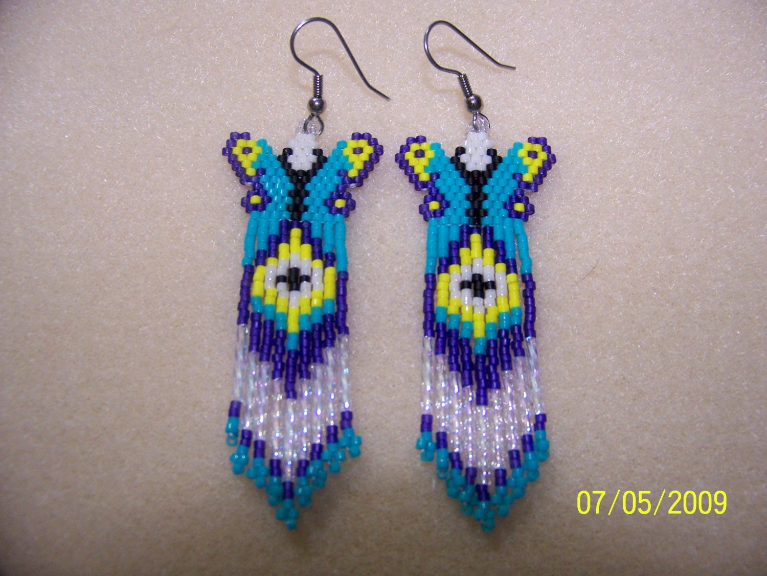 Turquoise, purple and yellow  beaded SPRING Butterfly earrings