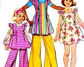 Vintage 70s Simplicity 5483 Girls Jiffy Pinafore Smock Top, Blouse, Dress, Bell Bottom Pants Size 6