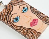 Hand Painted Blue Eyed Women Abstract Pendant Necklace Wearable Art