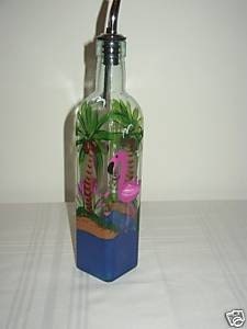 HAND PAINTED BOTTLE FOR OIL WITH FLAMINGOS