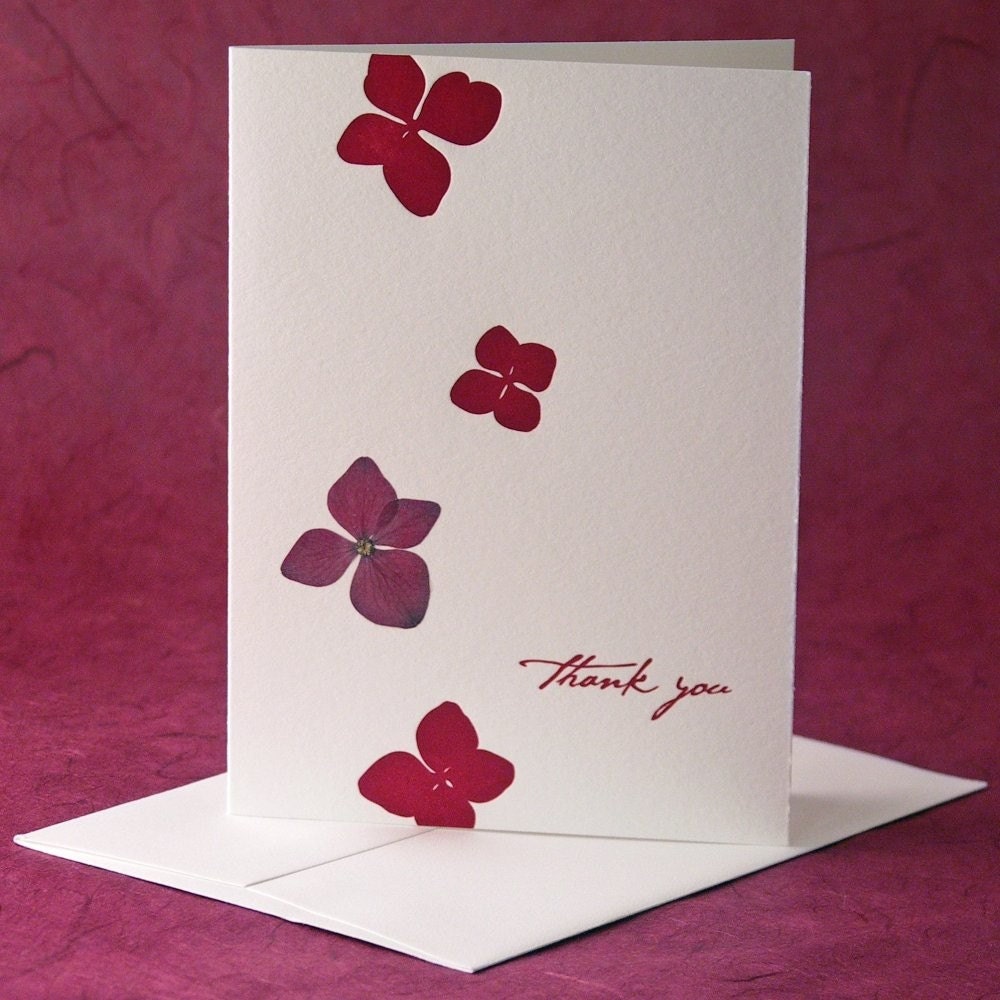 Hydrangea - pressed flower Thank You Card set of 5 - fuchsia on white