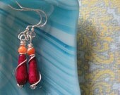 SALE Cranberry Orange Drop Silver Earrings