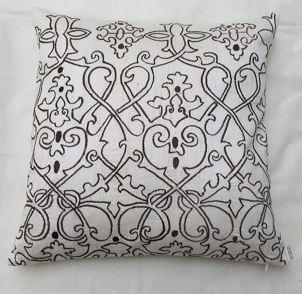 Silk off white decorative throw pillow 16 inch  filigree embroidery cushion cover - Set of 2 pieces - custom order