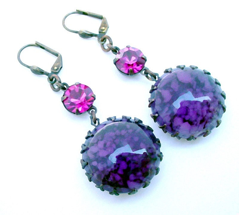 Purple Fuchsia Earrings - Brass and Glass