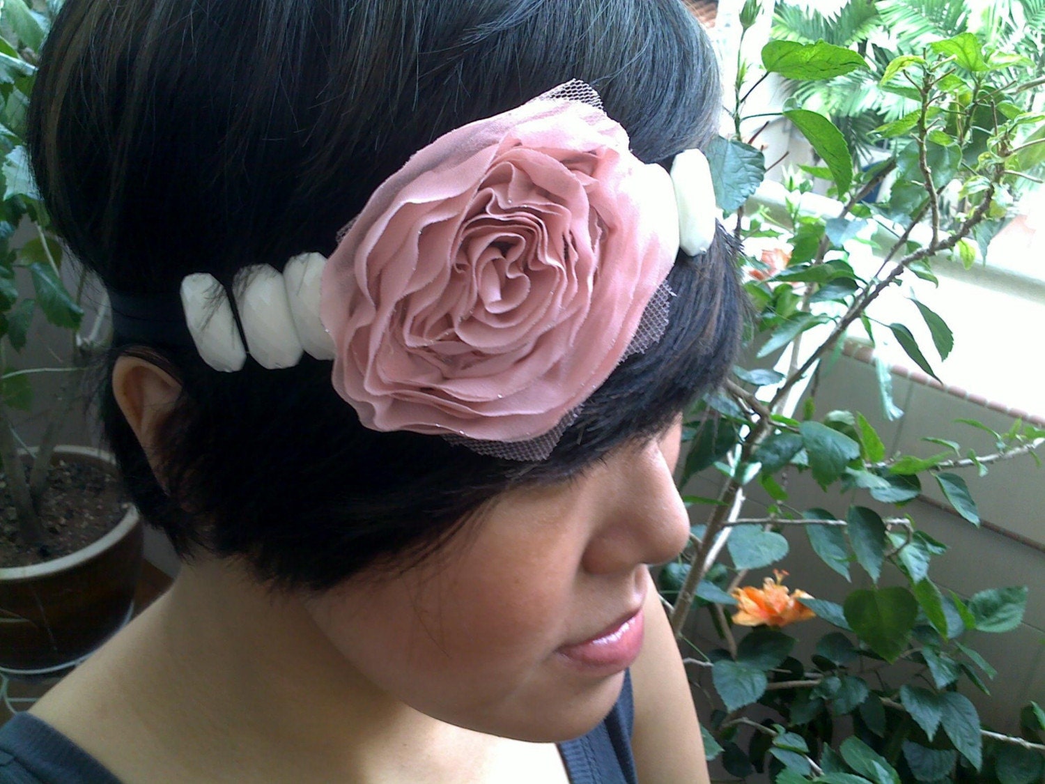 The Clytemnestra, blush pink rosette and white beads