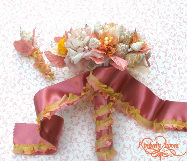 Fancy Hina Bridal Bouquet and Boutonierre of Shells and Silk Ribbon Flowers