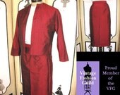 Wiggle Me This-Vintage Deep Red Shantung Silk Pencil Suit. GORGEOUS. S XS. FREE US SHIPPING