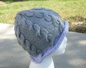 Hand Knit Hat Cable Grey Gray with Light Purple Trim Brim Ladies