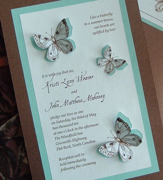 Teal and Chocolate Brown Butterfly Wedding Invitation Set From NooneyArt