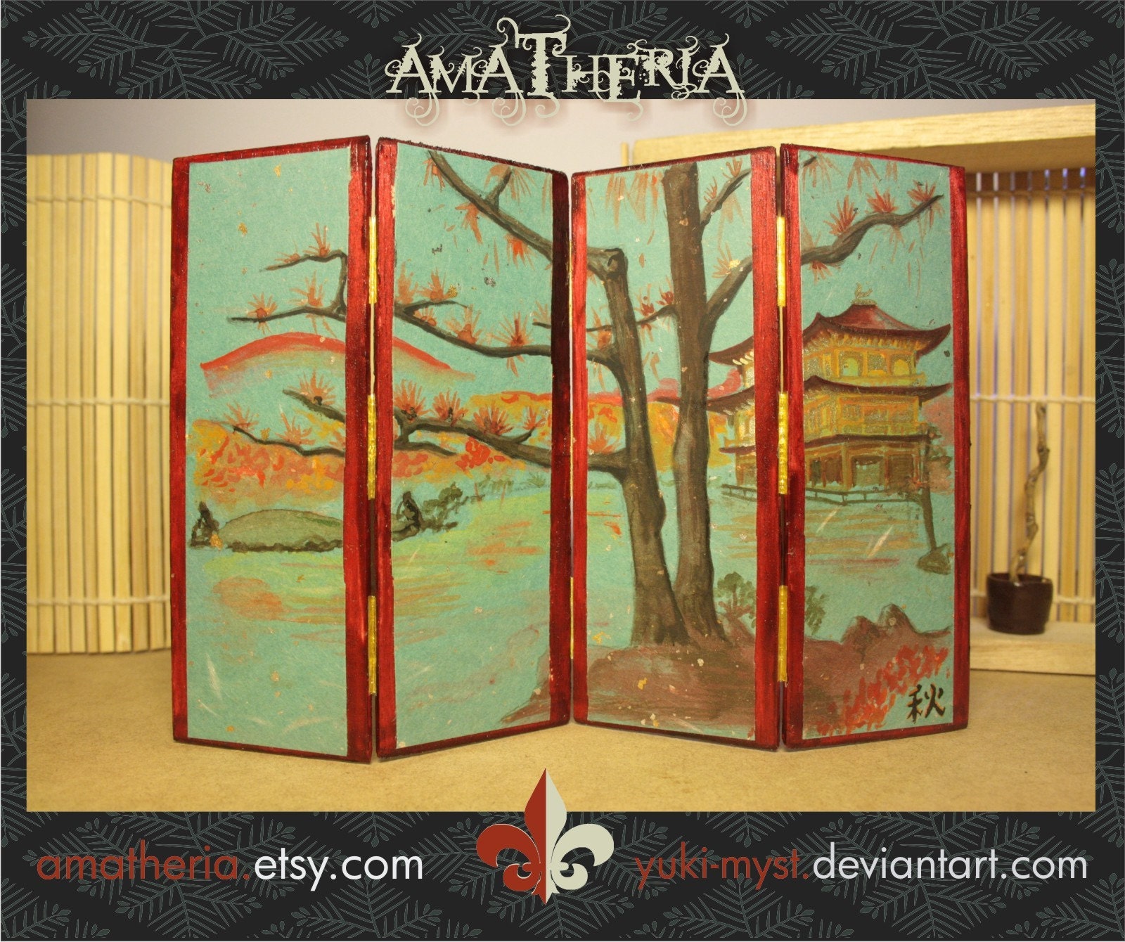 Four seasons through the Golden Pavilion - Aki (Autumn) . Japanese miniature dollhouse unique handpainted folding screen OOAK