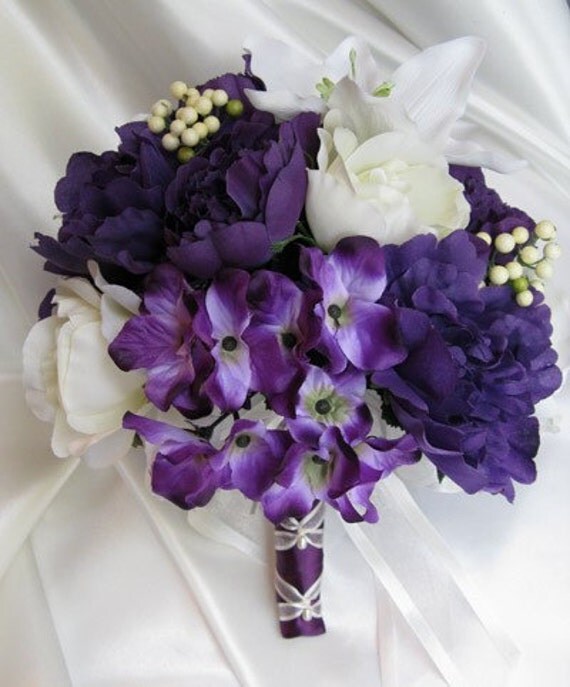 Wedding bouquet Ivory PURPLE LILY Bridal flowers Bridesmaids boutonnieres 
