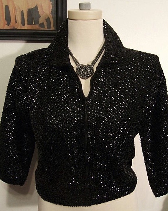 Reserved for atomicgirl56 Bad Girl Sparkle Midnight Black 50's Sequin Wool Sweater Jacket Rockabilly Gothic Pin-Up Fully Sequined Cardigan S M