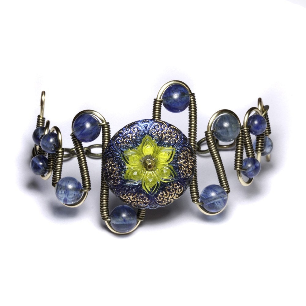 Steampunk Jewelry - Bracelet - Blue Czech Glass Button with yellow center and Blueberry Quartz beads - Limited availability
