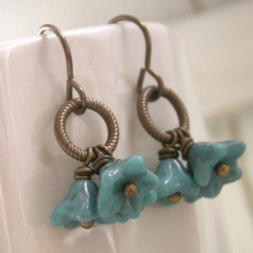 Spring Bouquet  - Turquoise colored Czech Glass Flowers on Antiqued Brass