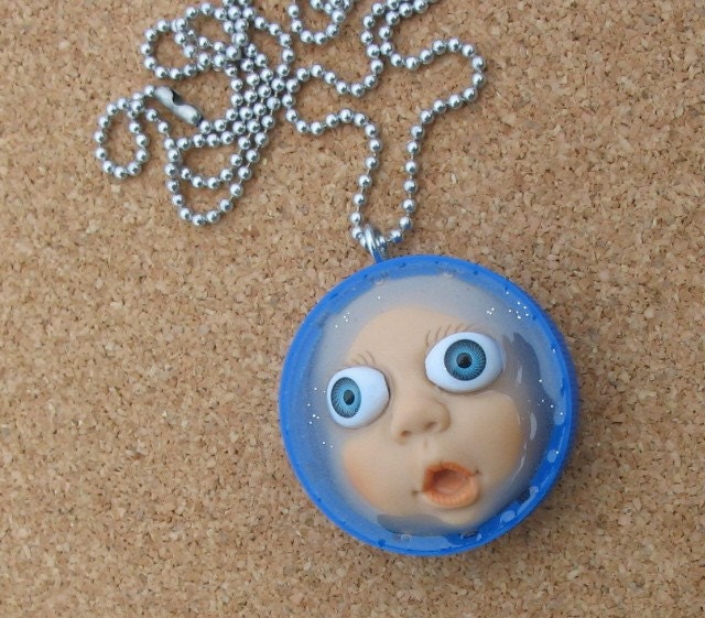 Upcycled Doll Face  Cap Pendant - Harold