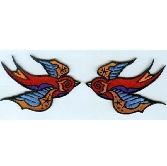 Pair of embroidered tattoo sparrow patches one left one right 
