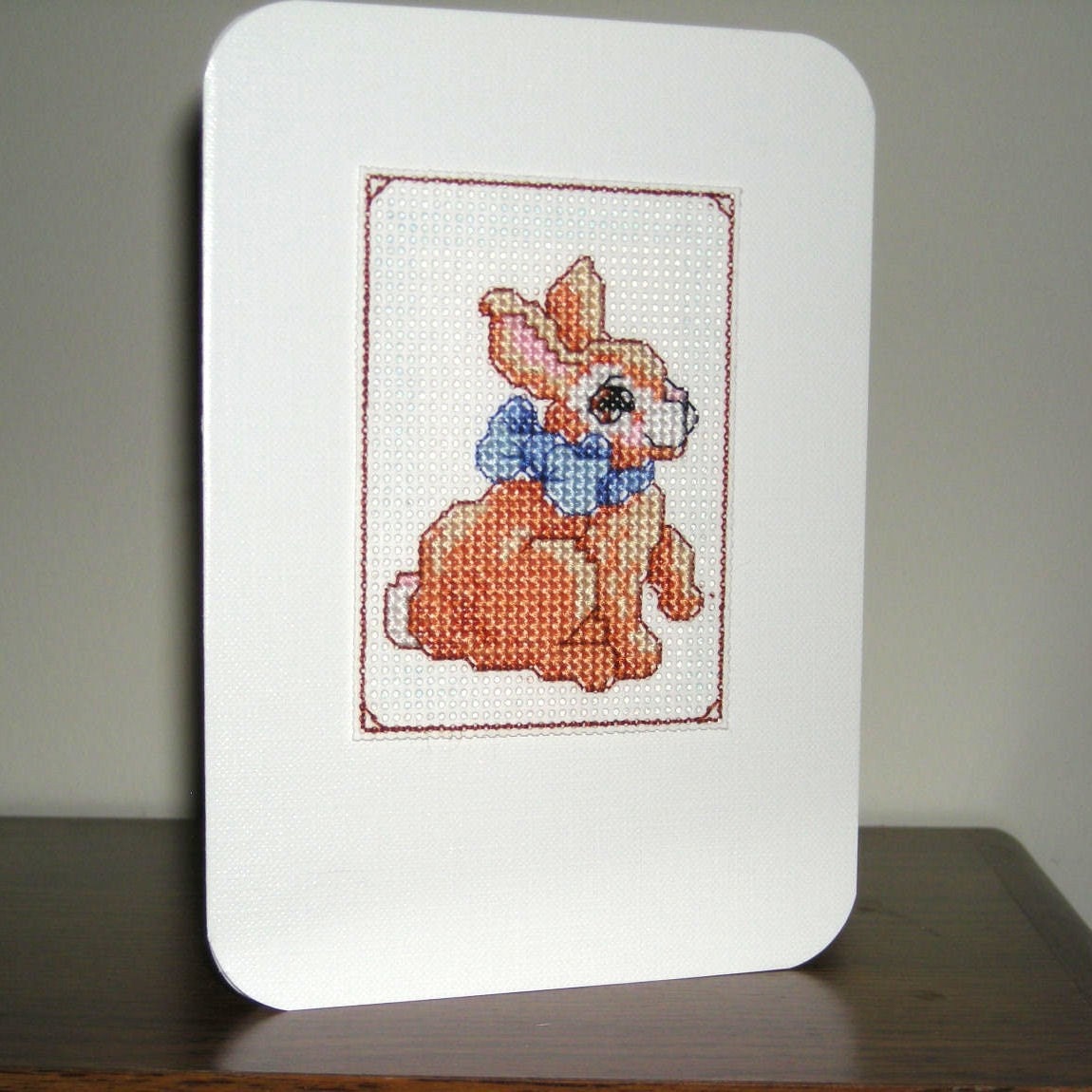 Blue Bow Bunny - Bunny Children Boy Easter Handmade Cross-stitched card