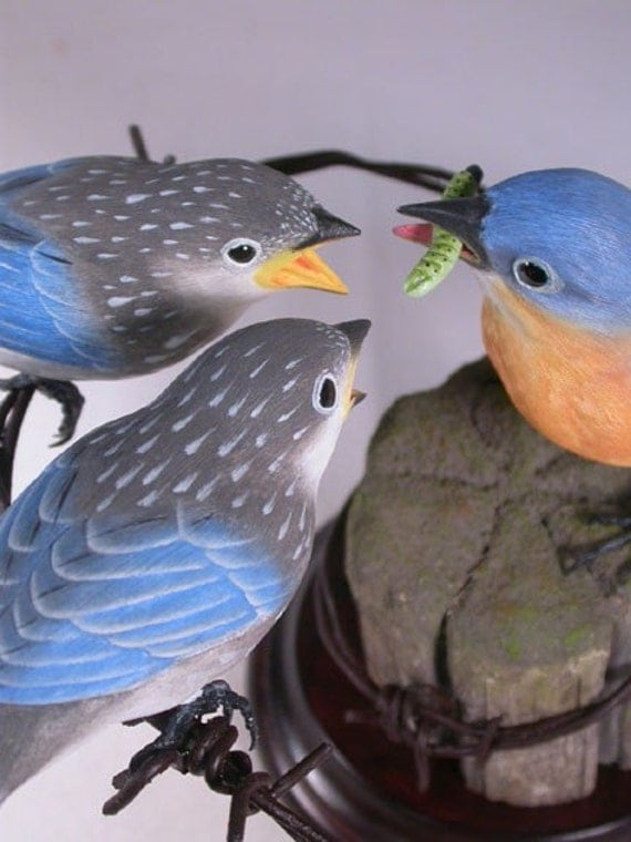 Eastern Bluebird Female with 2 Babies Hand Carved Wooden Bird