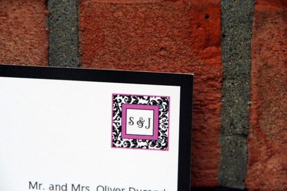 Magenta and Black Modern Non Traditional Damask Wedding Invitation and RSVP