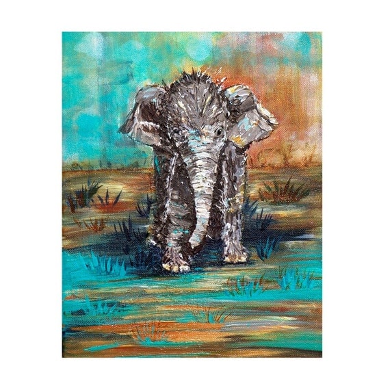 Elephant Print Hope -Animal Baby Nursery Decor Fine Art Asian Calf Nature Turquoise Blue Orange
