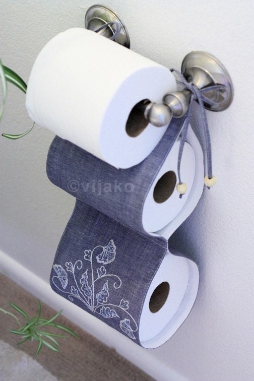 2-roll toilet paper holder, modern Jacobean hand embroidery