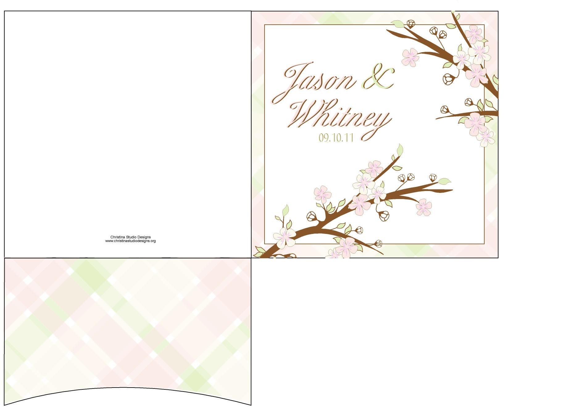 Pink and Green Plaid Square Pocketfold Cherry Blossom Wedding Invitation