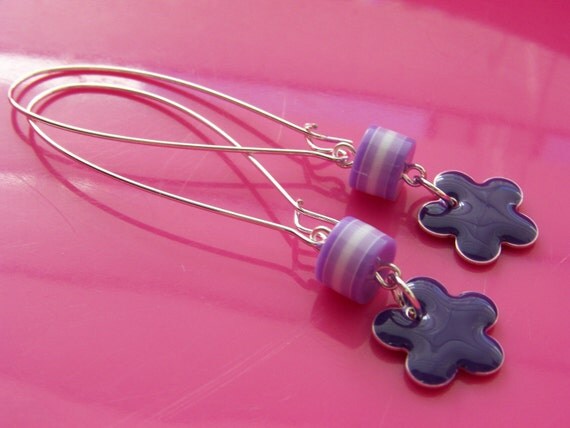 earrings - SUMMER purple enamel flower drops - FREE SHIPPING