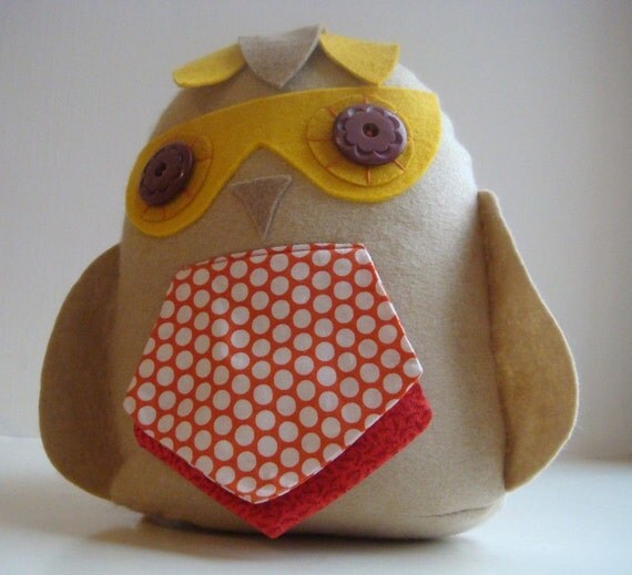 Softie - Oscar the Orange Owl - felt plush with fabric feathers