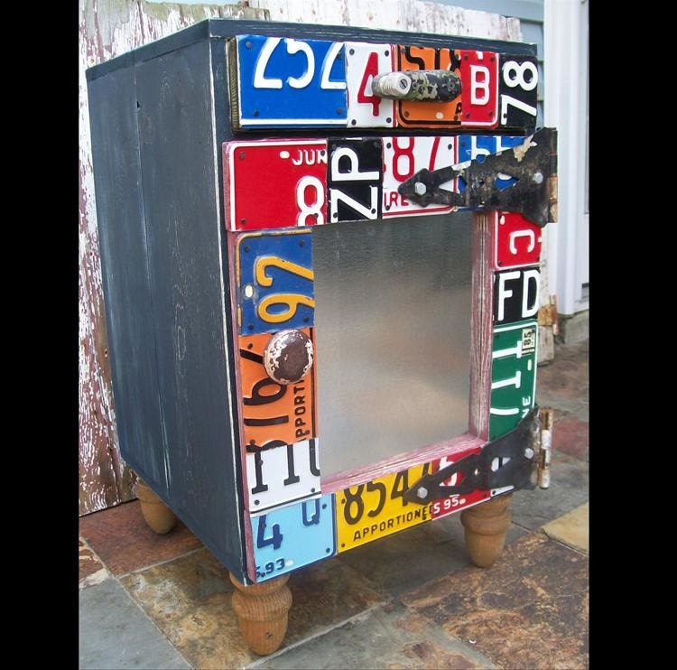 Fun and Funky Furniture - Side Cabinet - End Table - Night Stand - Book Case Bookcase - Shelf - Recycled Vintage License Plate Art - Salvaged Wood - Upcycled Artwork