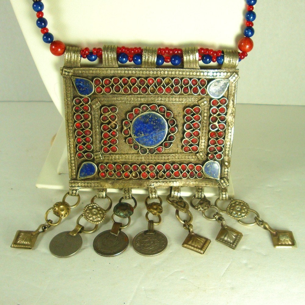 Large Vintage Tribal Breastplate  Necklace..Koochi Nomadic Jewelry..Blue Lapis, Red Old Glass, Coins