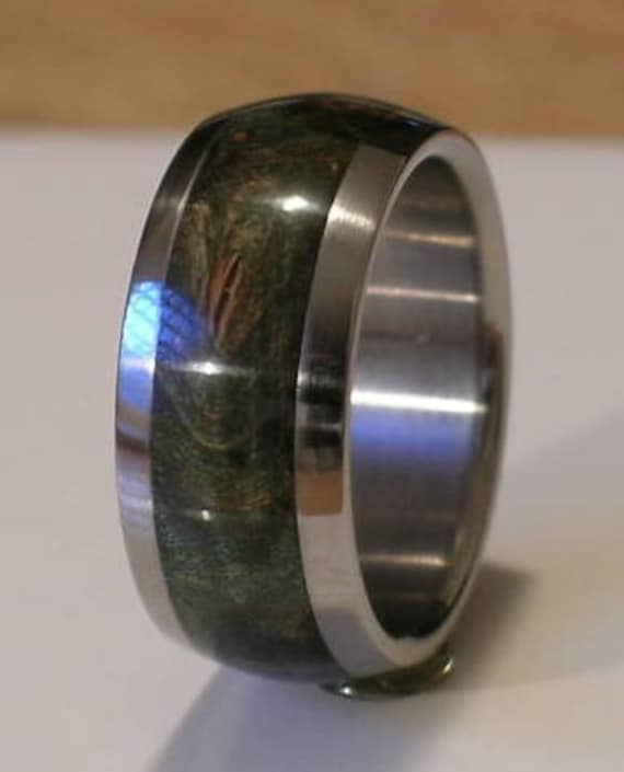 Tungsten Wedding Band Green Maple Burl Wood Ring Mens or Ladies Bands 