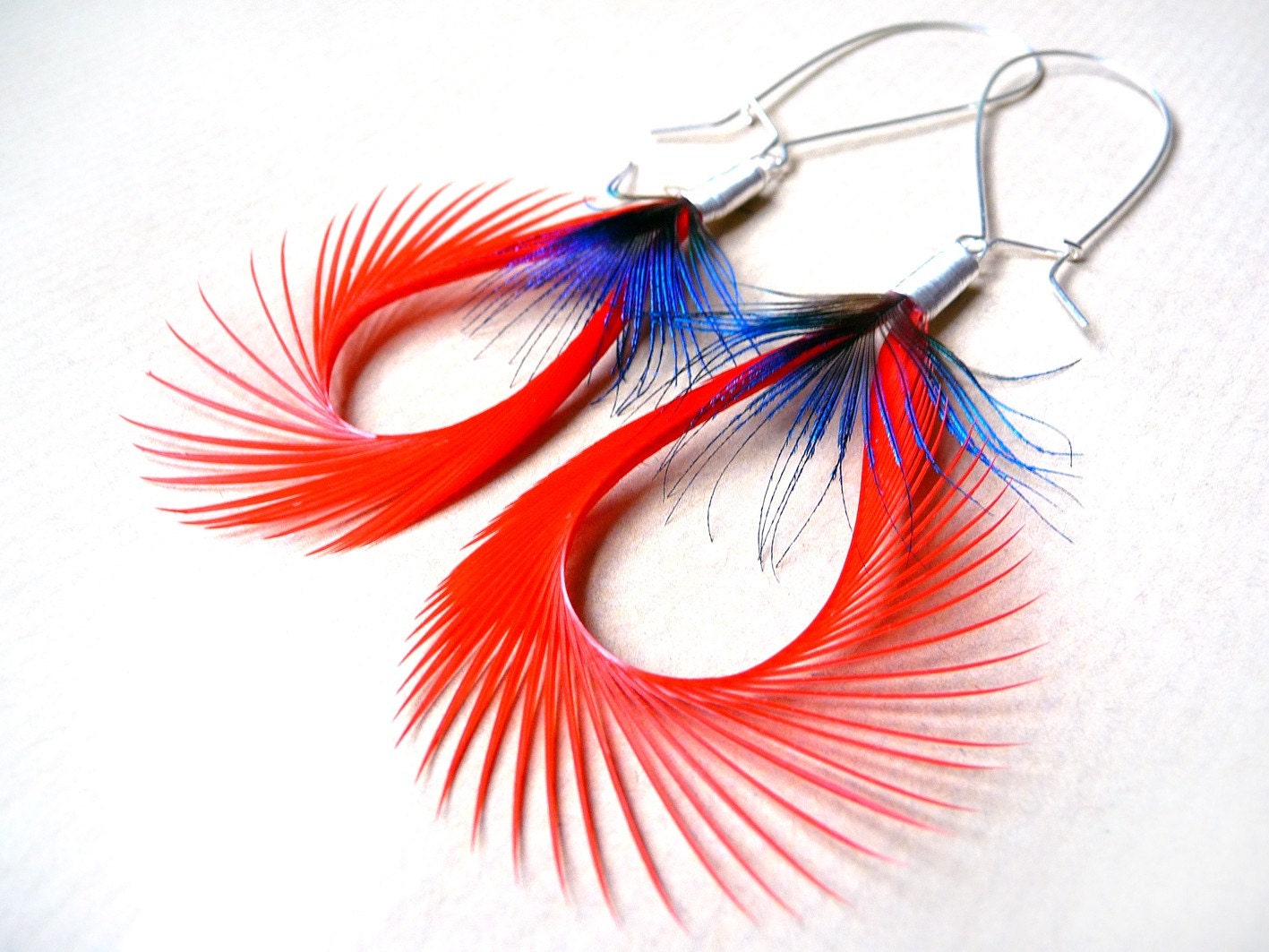Vibrant Feather Earrings in Tear Drop Design, Coral and Electric Blue