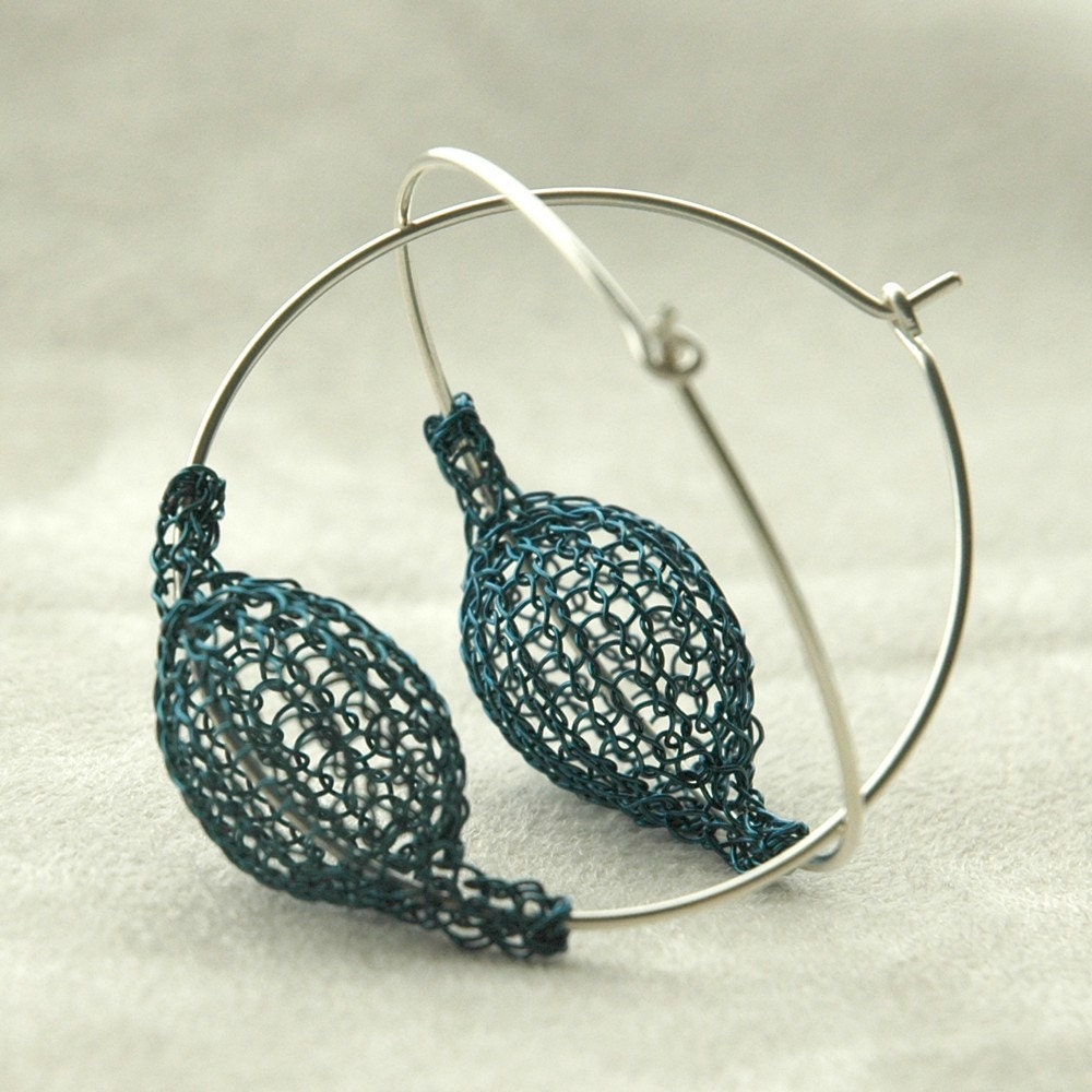 Blue large chic earrings - Pod on a hoop - volume with no weight