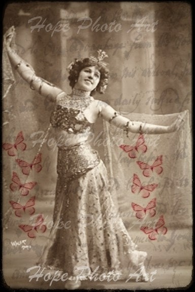 Vintage Vaudeville Bellydancer - 4x6 Vintage Postcard TTV - backgrounds, digital download, ATC, ACEO tags, Altered Art, greeting cards, scrapbook, crafting supplies - Ready to print and download in JPG format 300dpi