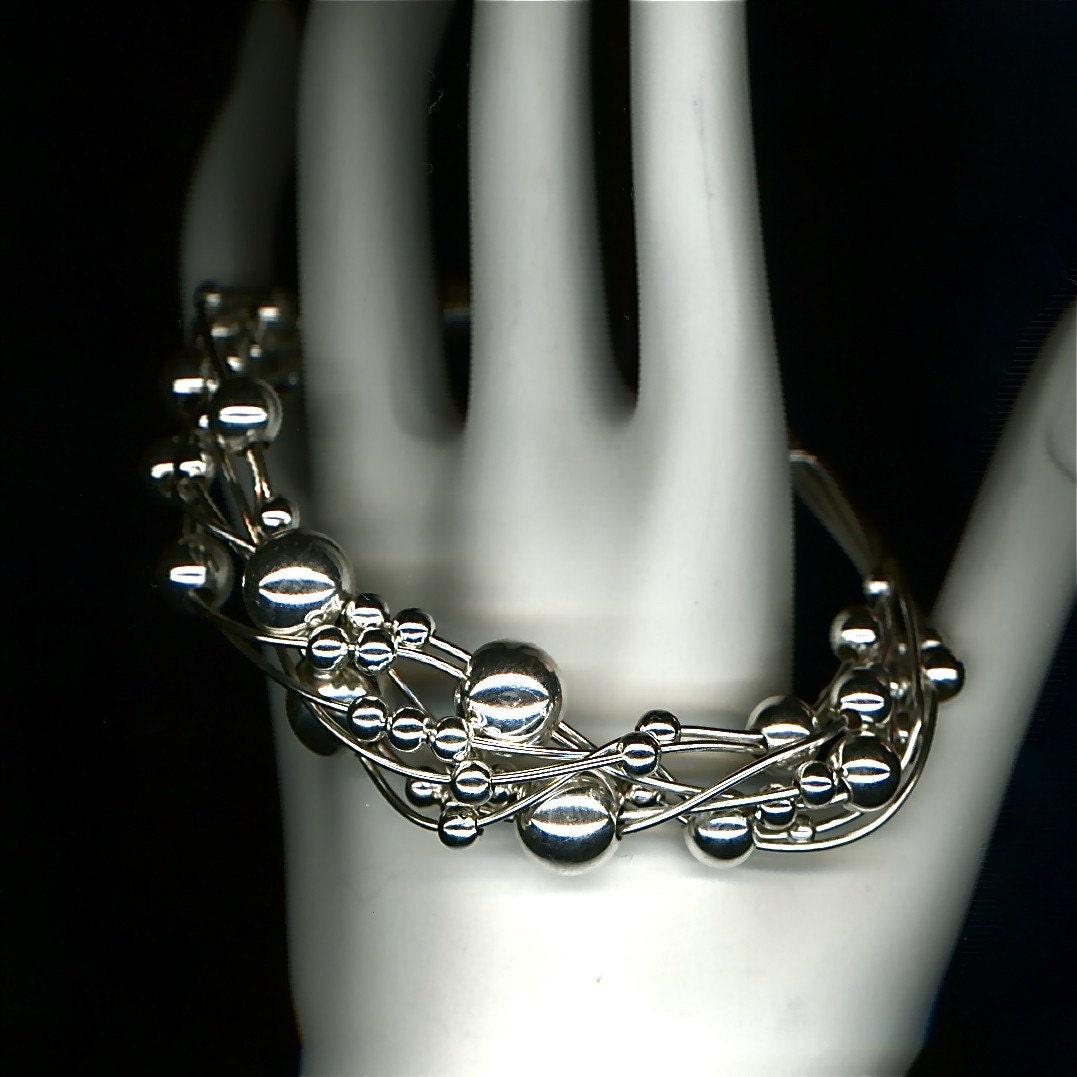 Metal Beaded Wire Wrapped Metalwork Sterling Silver Cuff Bracelet