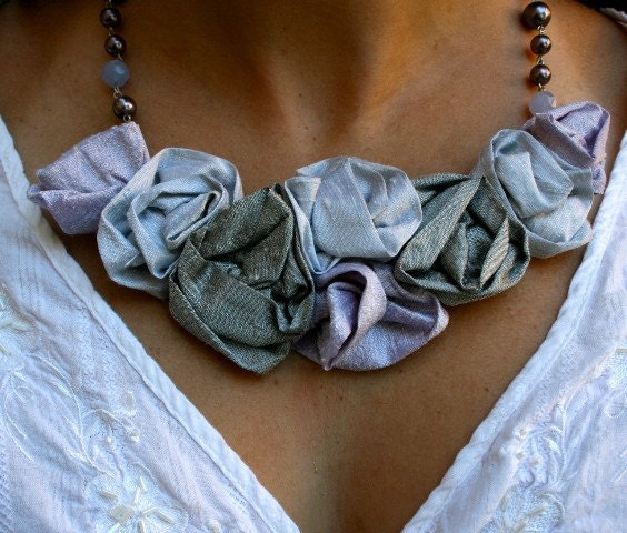 Wedding Roses Necklace Lavender and Gray Silk From MermaidenCreations