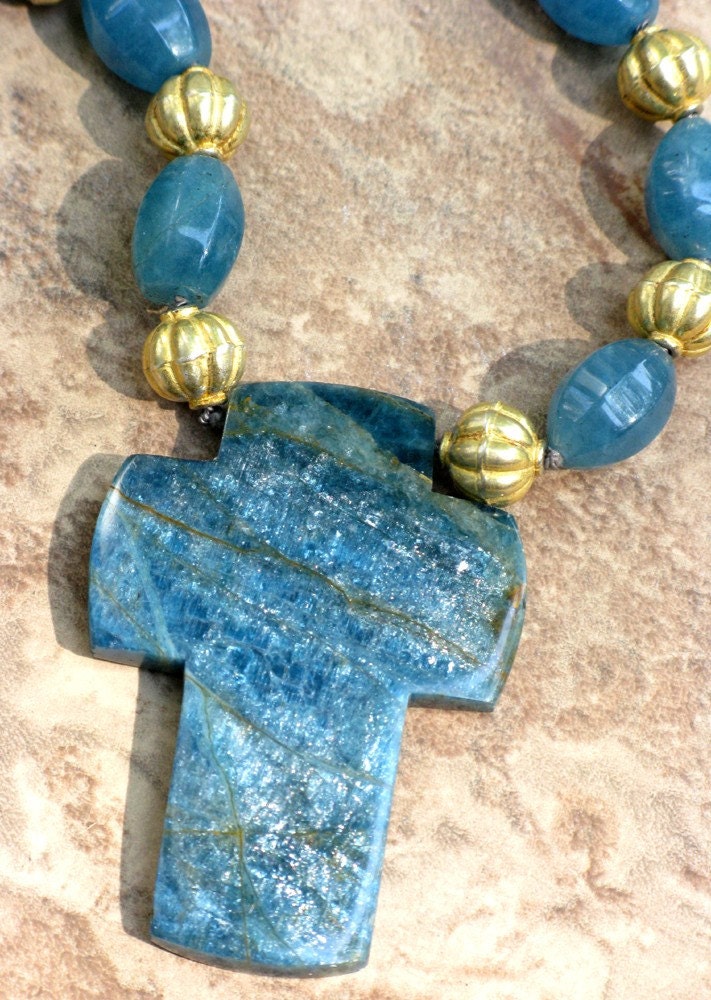 Apatite Cross Necklace with Gold Vermeil Pumkin Beads