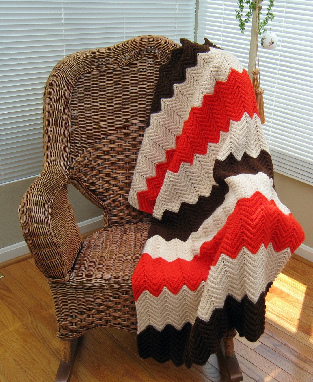 Vintage Hand Knitted Brown, Cream, and Orange Blanket