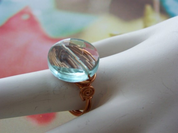 Copper wire wrapped ring with transparent blue faceted glass 7.25 FREE SHIPPING