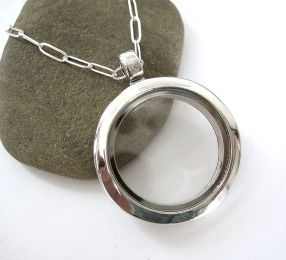 SMALL Glass Memory Locket, for photo keepsakes, charms, love notes - 24 inch sterling chain
