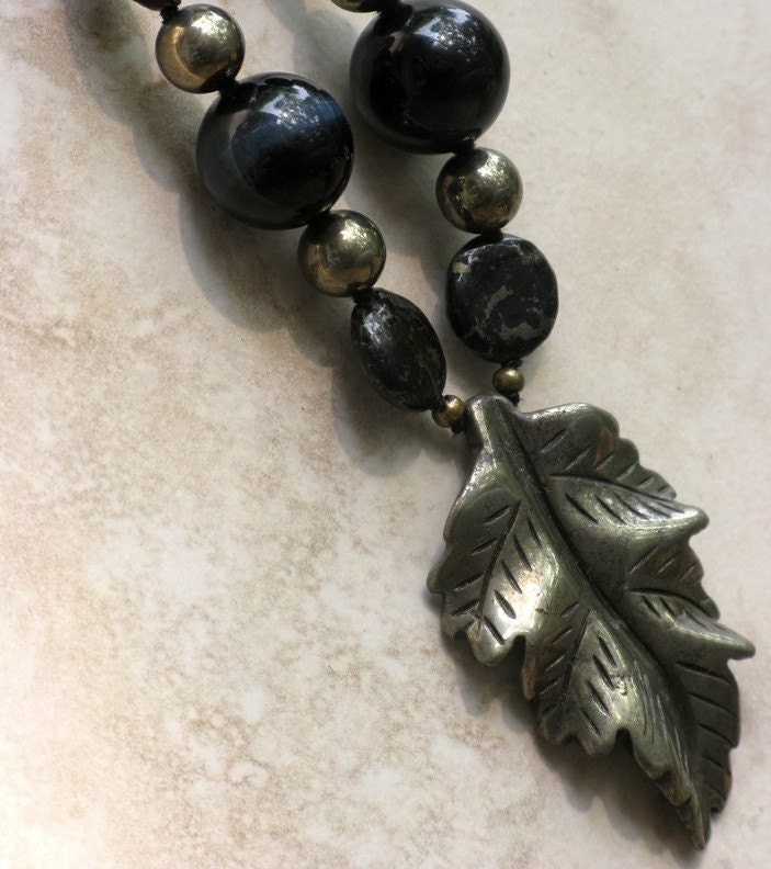 Pyrite Leaf Necklace with Blue Tiger Eye, Forest of the Night