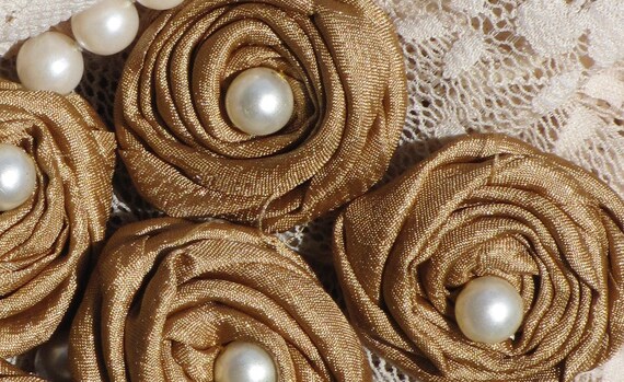 Silk Fabric rolled flowers Gold  with pearls For Your Assemblage, Scrap booking, Jewelry, Fiber Art, Altered Art, Cardmaking Projects Set of 6 by My Broken Art on Etsy