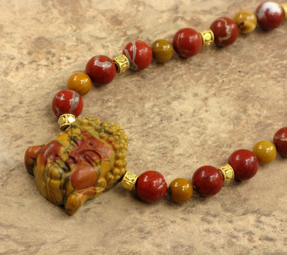 The Buddha in Autumn, Picasso, Red, and Moukaite Jasper with Gold Vermeil