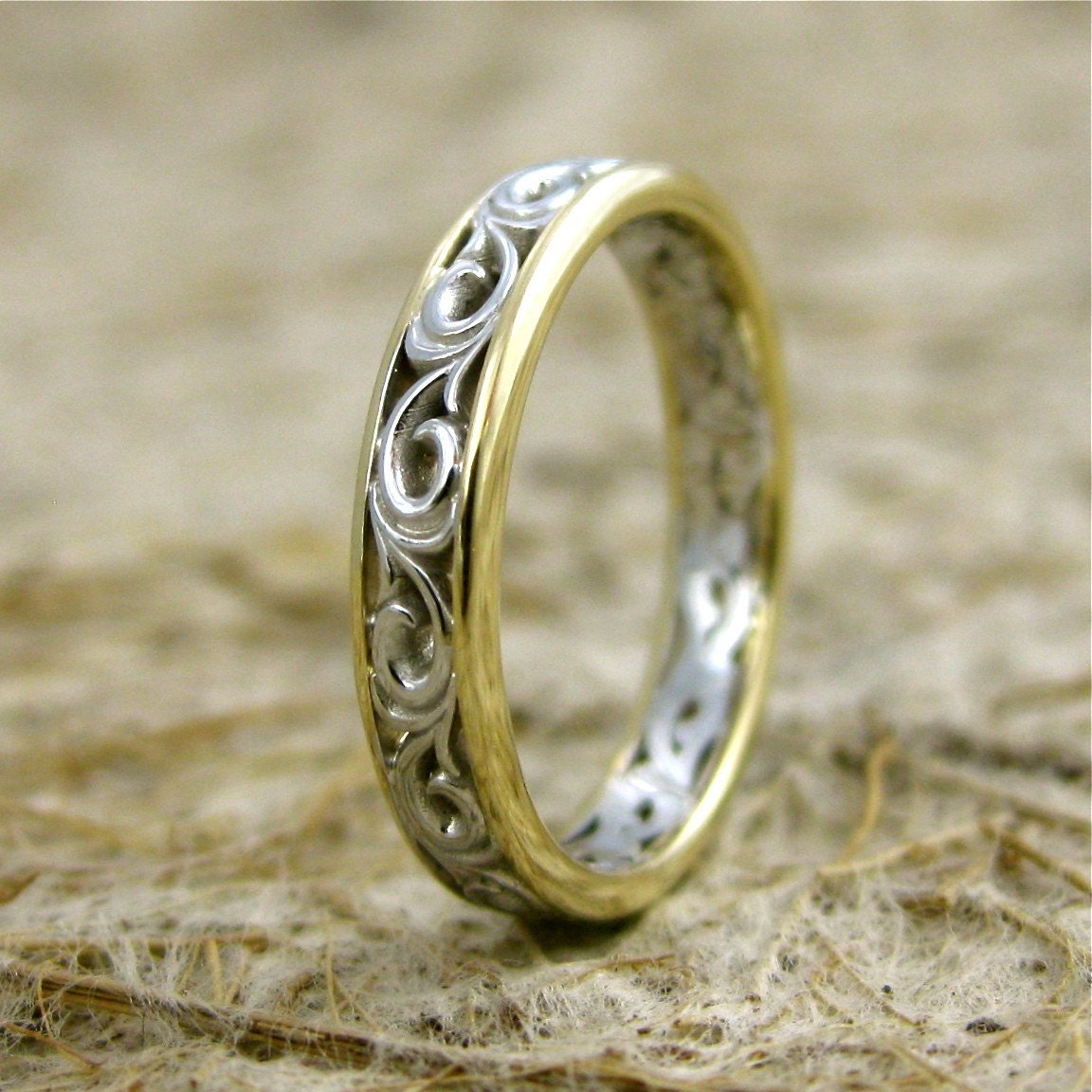 TwoTone 14K White and Yellow Gold Swirly Flower Patterned Wedding Band with