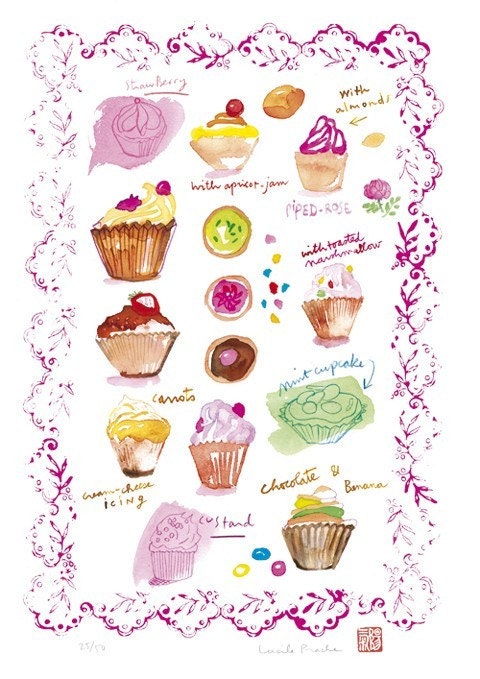 Cupcakes illustration No 2 - 8 X 10 Food art print - Kitchen wall decor